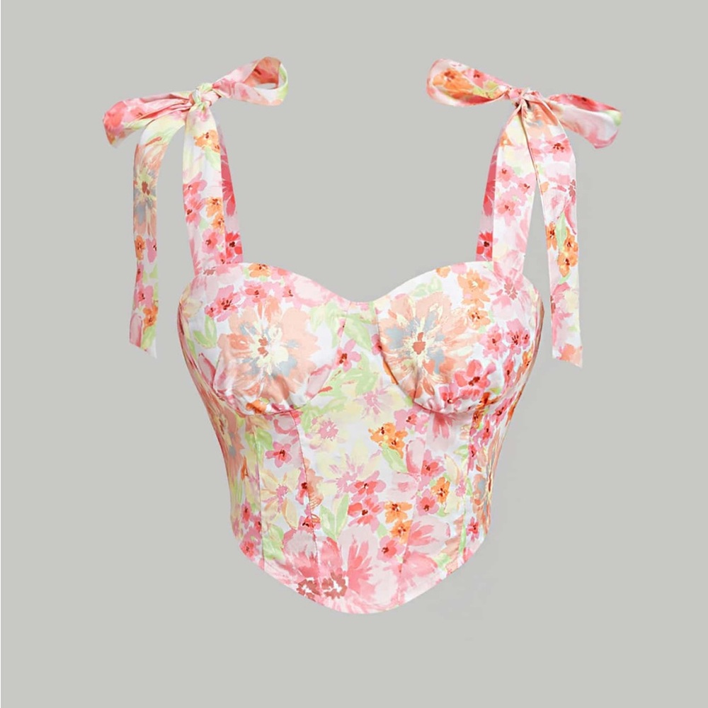 Floral Bustier Top with Bow Straps